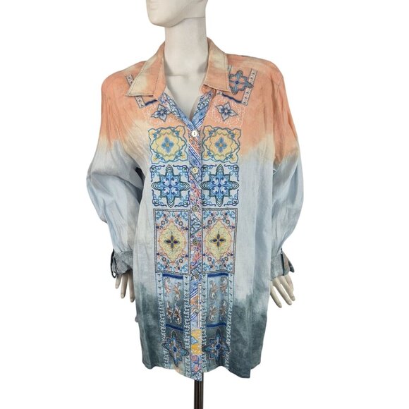 John Mark Women's Shirt Size 2X Top  Linen Tie Dye Embroidered Button Down 53,1 - Picture 1 of 11
